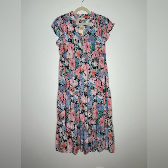 NWT Entro Floral Pastel Maxi Dress Size Medium Tiered Ruffle Flutter Sleeve - Picture 1 of 11